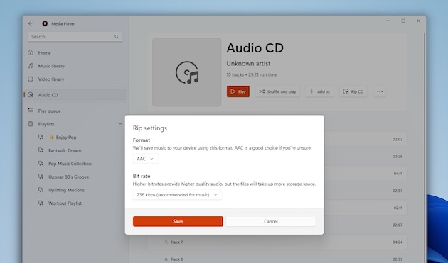 Media Player Windows 11 ripping CD
