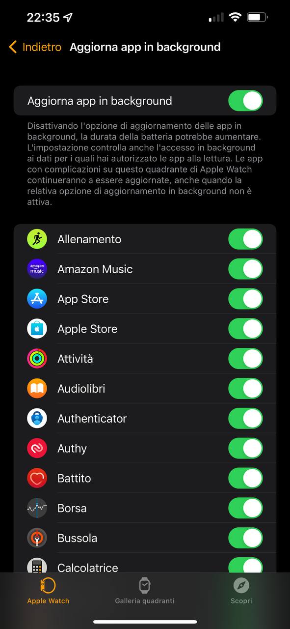 aggiornamento app in background Apple Watch 