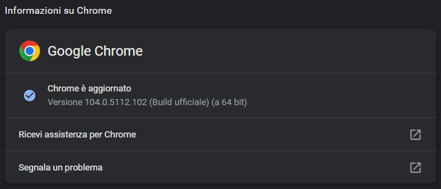 L'aggiornamento del browser Chrome alla versione 104.0.5112.102 su Windows
