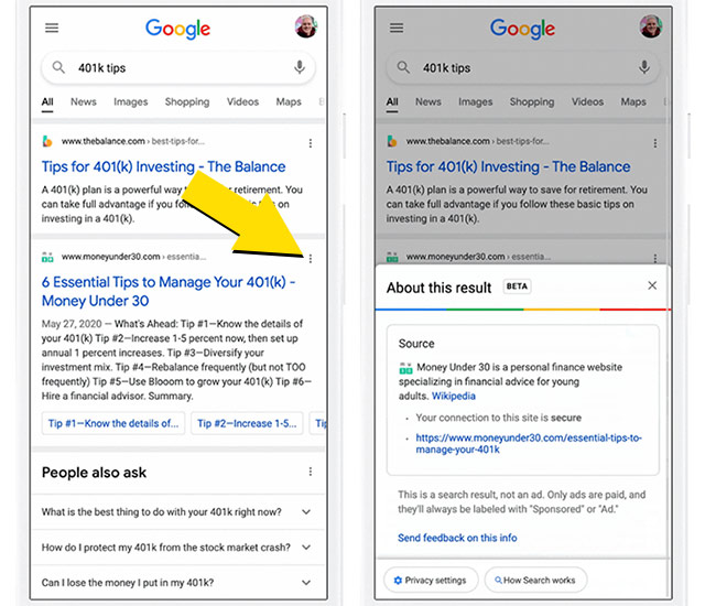 La nuova funzione 'Informazioni su questo risultato' di Google, implementata nel motore di ricerca