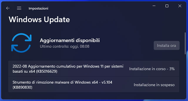 Windows 11, aggiornamento cumulativo KB5016629: il Patch Tuesday di agosto 2022 è in download