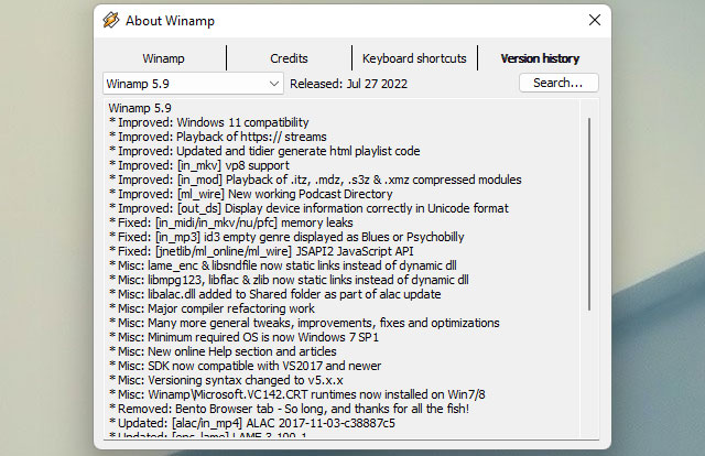 Il changelog della nuova versione ufficiale di Winamp: la release 5.9 RC