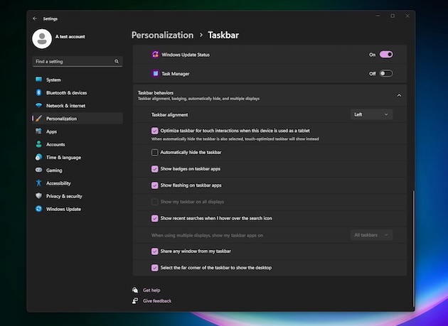 Windows 11 impostazioni ottimizzazione taskbar tablet