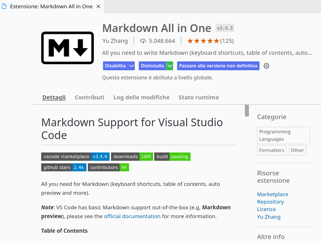 Pagina installazione Markdown All in One