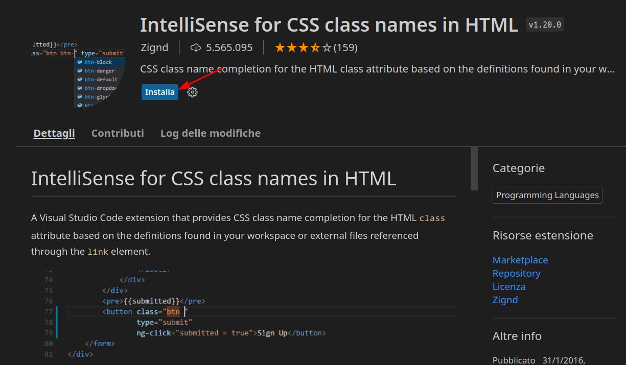 Installazione di intellisense per CSS