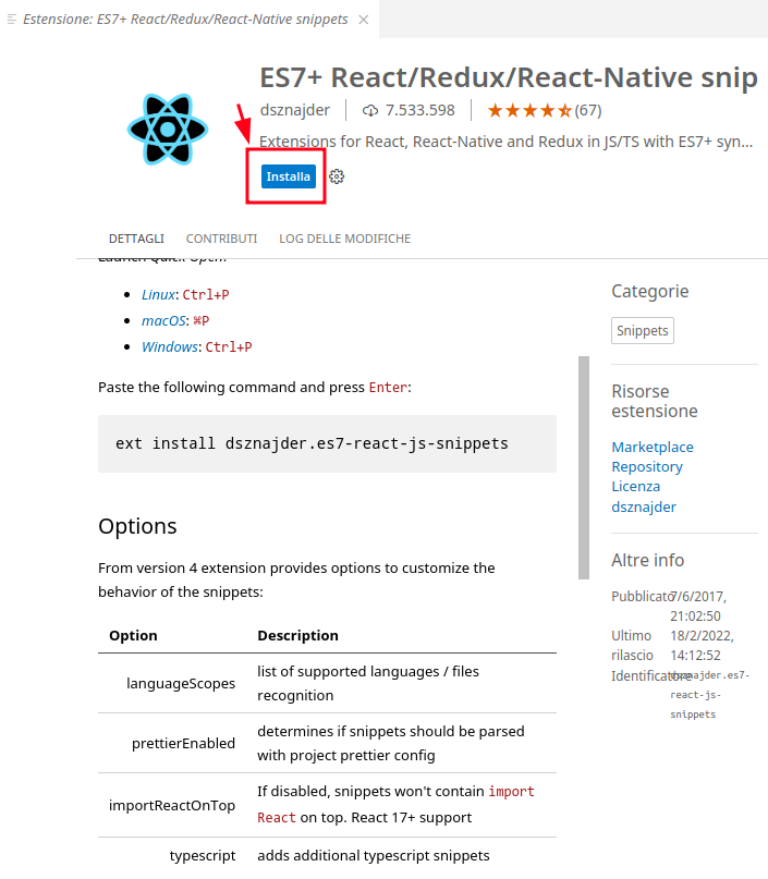 Schermata installazione dell'estensione per gli snippet React ES7