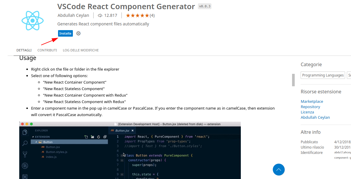 Schermata installazione per l'estensione React Component Generator