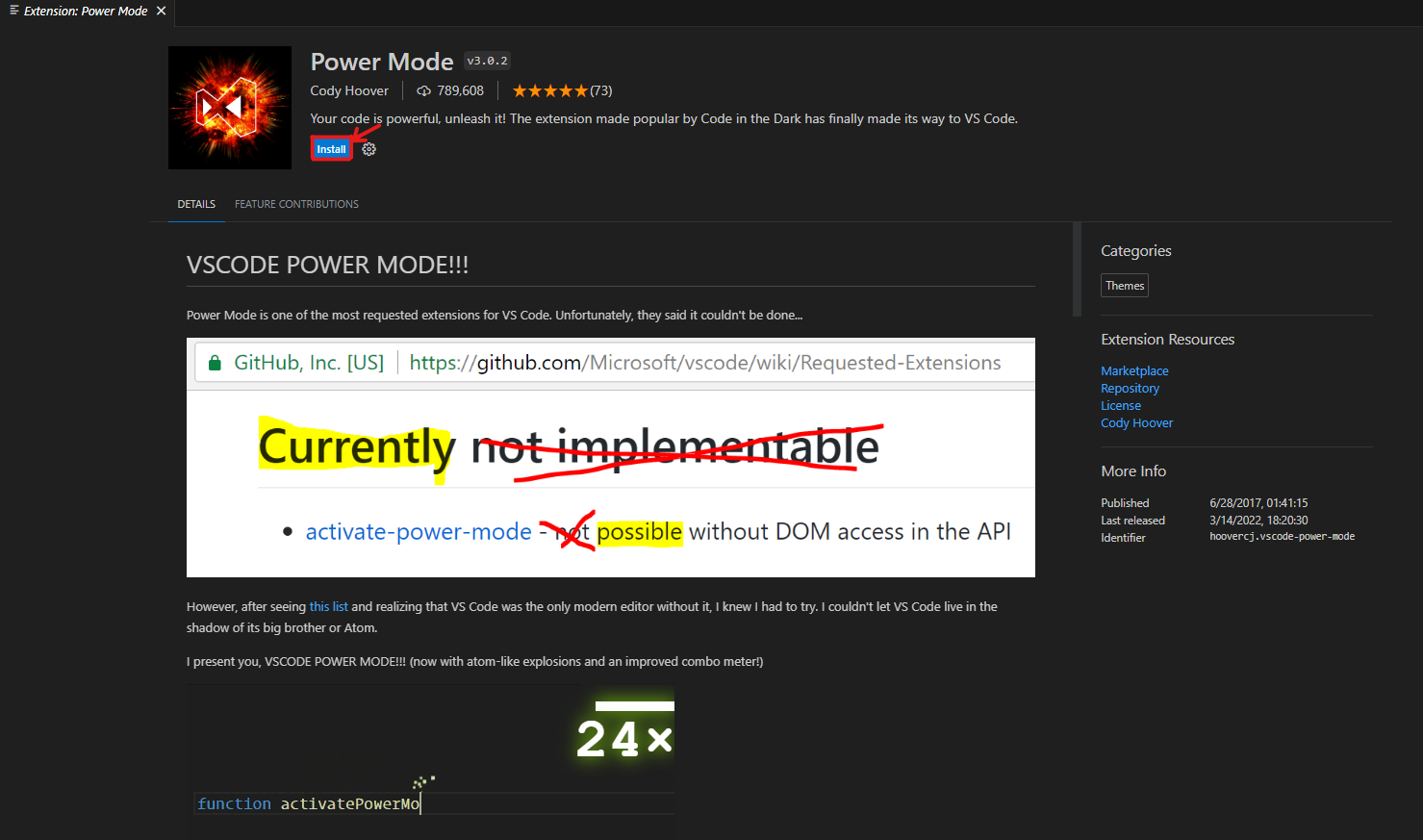 Pagina di installazione per l'estensione Power mode
