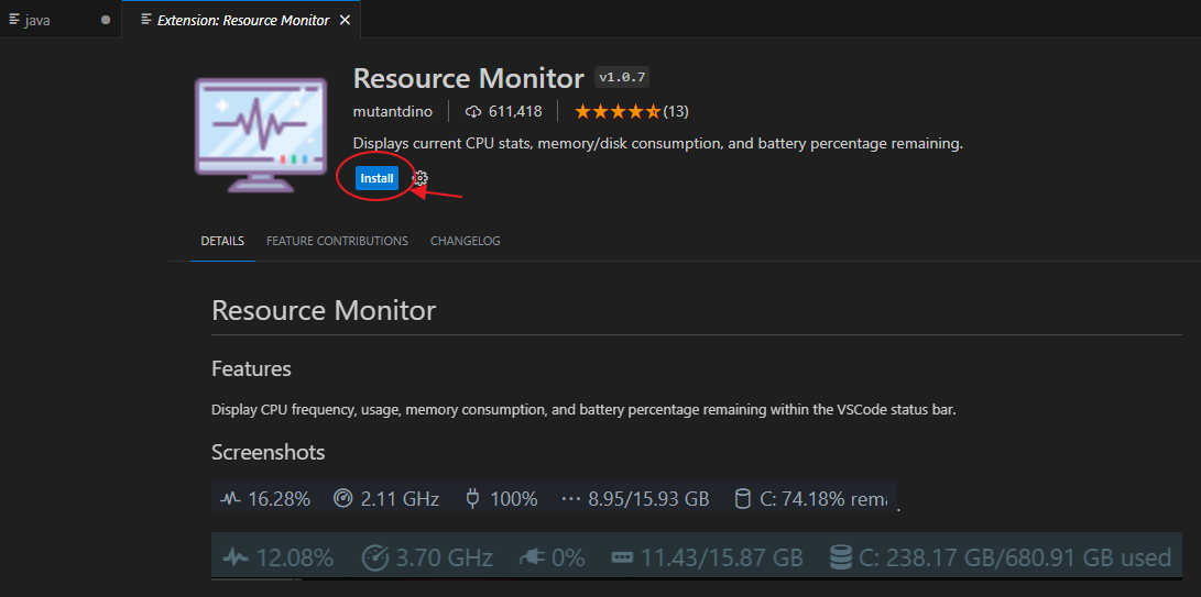 Pagina installazione estensione Resource Monitor