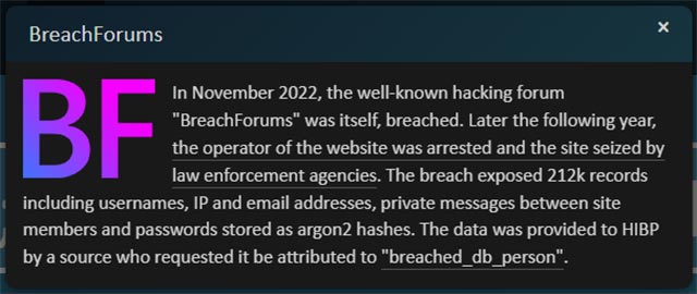 L'avviso diramato da Have I Been Pwned sul leak del database di BreachForums