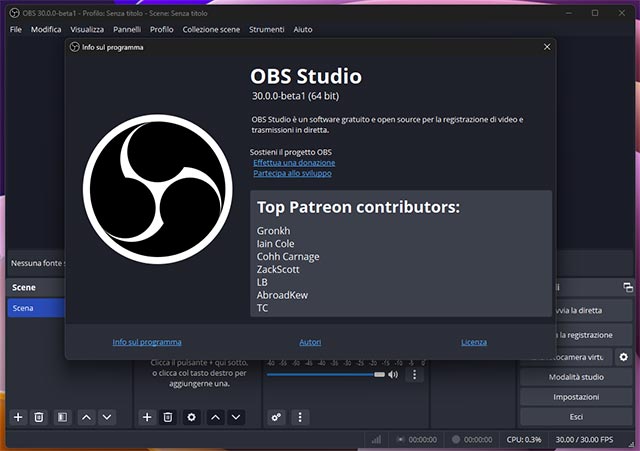 La versione 30.0.0 beta 1 di OBS Studio su Windows 11