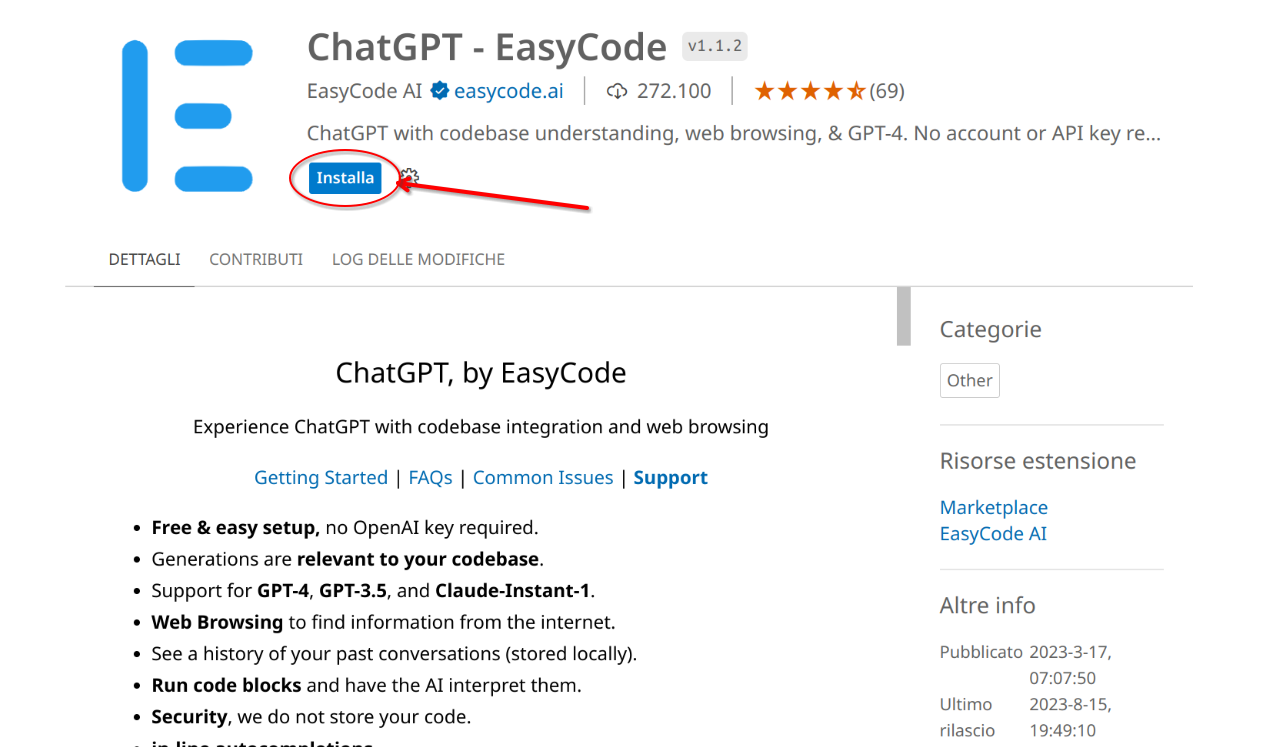 Estensione ChatGPT Easy Code dal market store