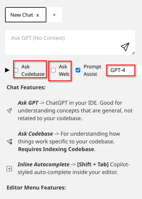 Nel pannello si possono abilitare diverse opzioni come ask code base, ask web e il tipo di GPT usato