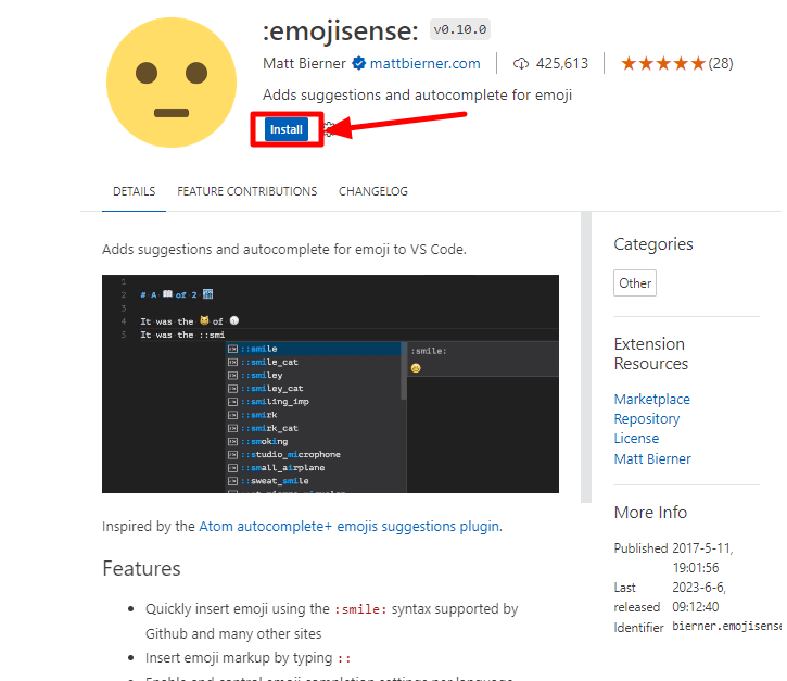 Pagina installazione Emojisense per suggerimenti emoji