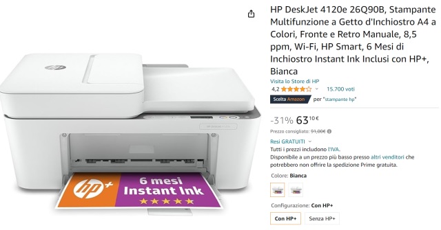Stampante multifunzione HP DeskJet 4120e CROLLA di prezzo su  (-31%)