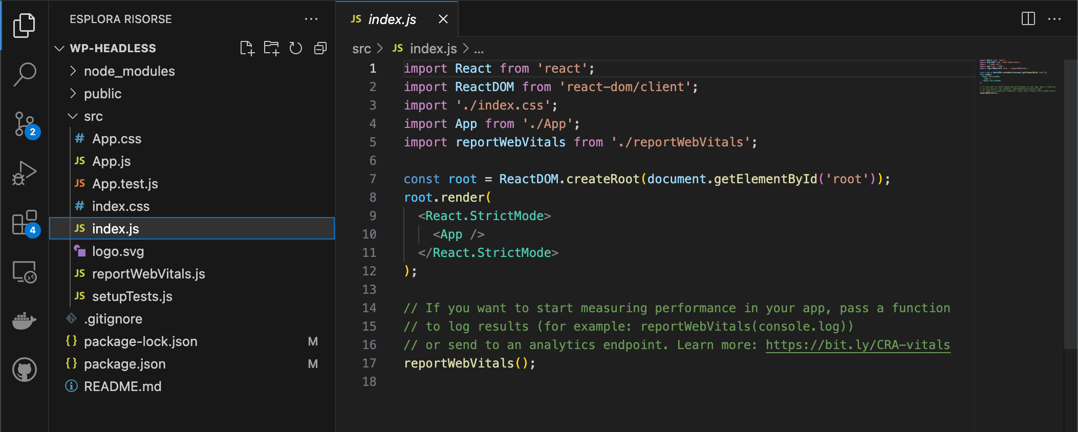 Il progetto wp-headless in Visual Studio Code