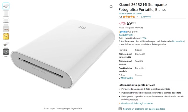 Stampante fotografica portatile Xiaomi torna sotto i 70€ su