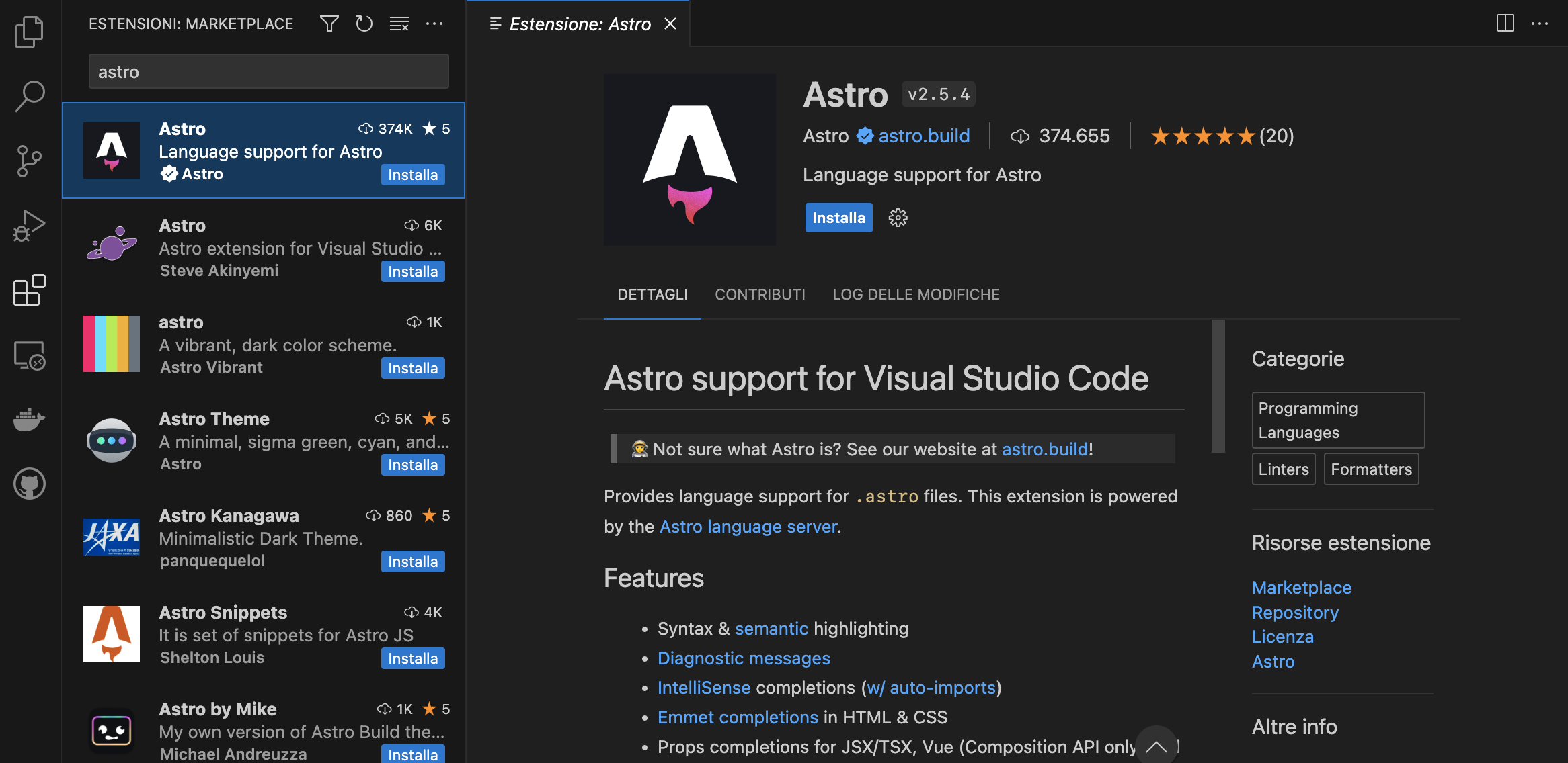 L'estensione Astro per Visual Studio Code