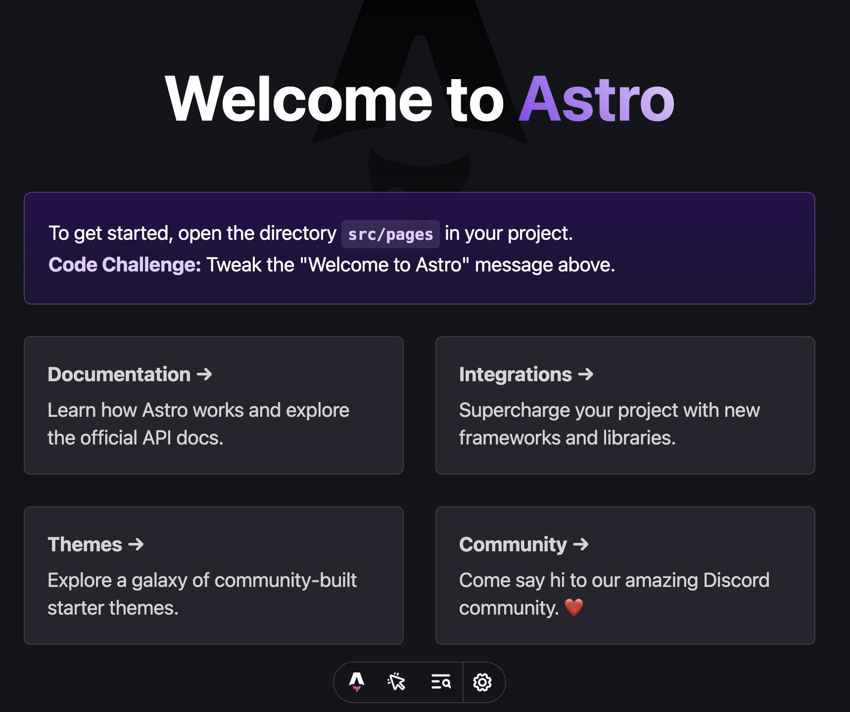 L'installazione base di Astro nella finestra del browser
